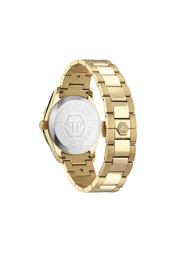 PHILIPP PLEIN QUEEN Women’s 38mm Gold Watch by Philipp Plein with Triangular Pattern Dial, Crystal-Adorned Indices, Regal Design & 50m Water Resistance