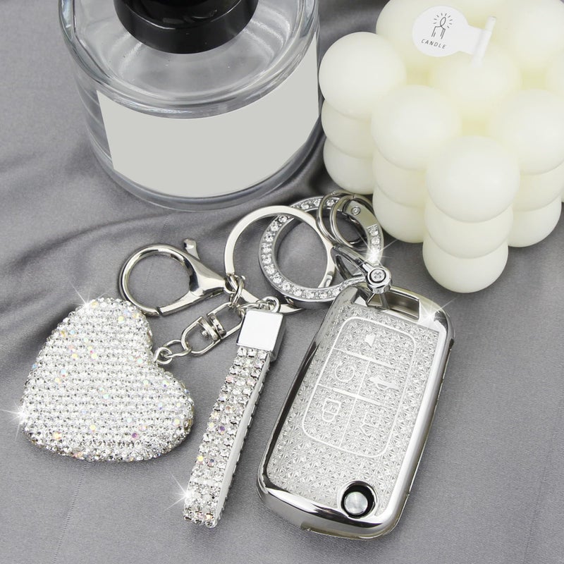 YIKECASE Key Fob Cover with Diamond Keychain for Women, Car Key Holder Compatible with Chevy Cruze Camaro Malibu Equinox Impala GMC Buick Encore Regal Flip Folding Protector, 5 Buttons (Silver-Heart) - Image 4