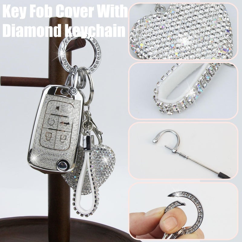 YIKECASE Key Fob Cover with Diamond Keychain for Women, Car Key Holder Compatible with Chevy Cruze Camaro Malibu Equinox Impala GMC Buick Encore Regal Flip Folding Protector, 5 Buttons (Silver-Heart) - Image 3