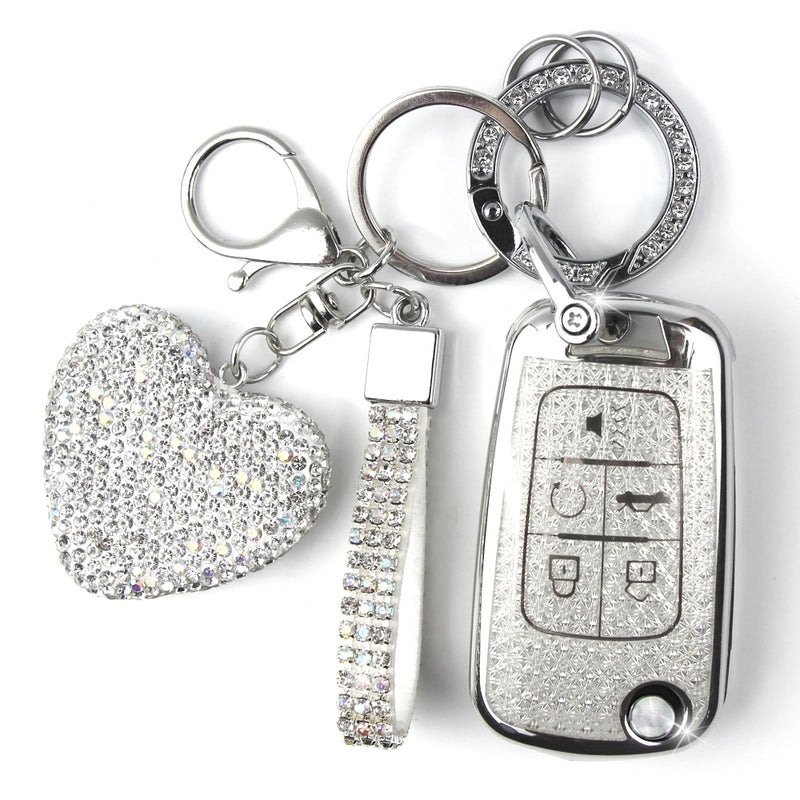 YIKECASE Key Fob Cover with Diamond Keychain for Women, Car Key Holder Compatible with Chevy Cruze Camaro Malibu Equinox Impala GMC Buick Encore Regal Flip Folding Protector, 5 Buttons (Silver-Heart) - Image 1