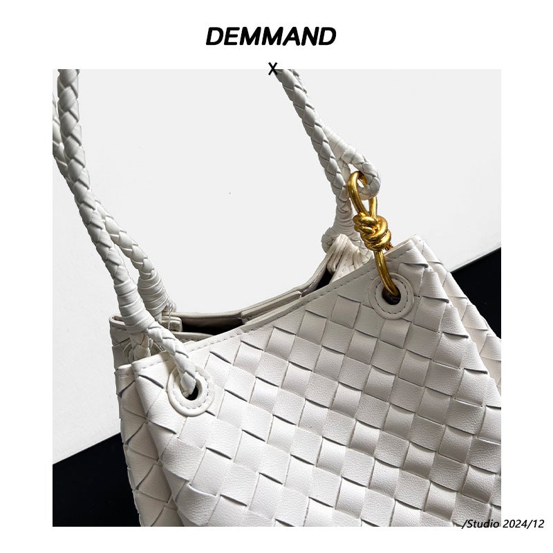 Leather Woven Parachute Bag Shu Qi Same Style Portable Vegetable Basket Large Capacity Cowhide Bucket Bag - Image 4