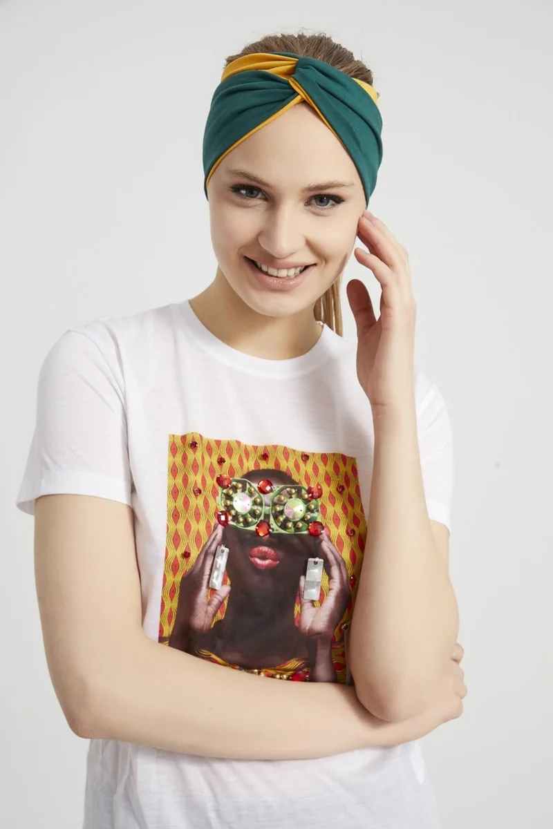 Butikgiz Emerald Green - Mustard, Boutique Women's Bandana Hair Band, Extra Soft, Flexible, Natural, Combed Cotton