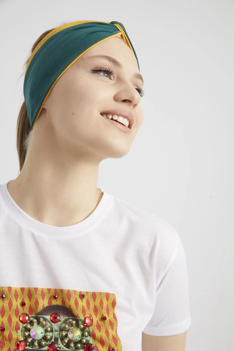 Butikgiz Emerald Green - Mustard, Boutique Women's Bandana Hair Band, Extra Soft, Flexible, Natural, Combed Cotton