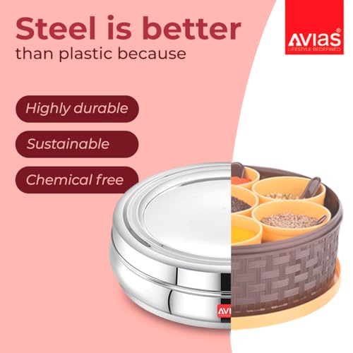 AVIAS Deluxe Stainless Steel Spice Box Cum Organiser / 7 Compartments and Steel Spoon/Masala Dani with Stainless Steel Lid/Masala Box for Kitchen/Rust Resistant Steel Organiser/Medium - Image 3