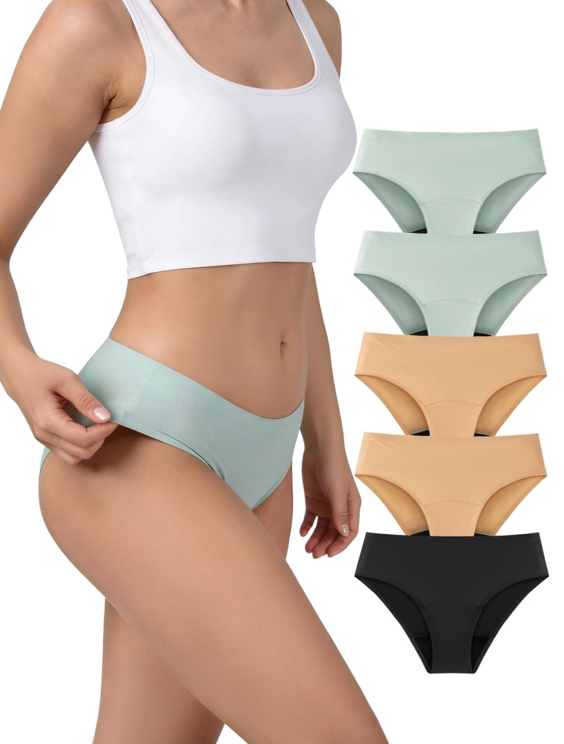 TIICHOO Period Underwear Heavy Flow Seamless Period Bikini Panties for Women 5 Pack (Medium,Black/2 Beige/2 Smoke Green) - Image 1