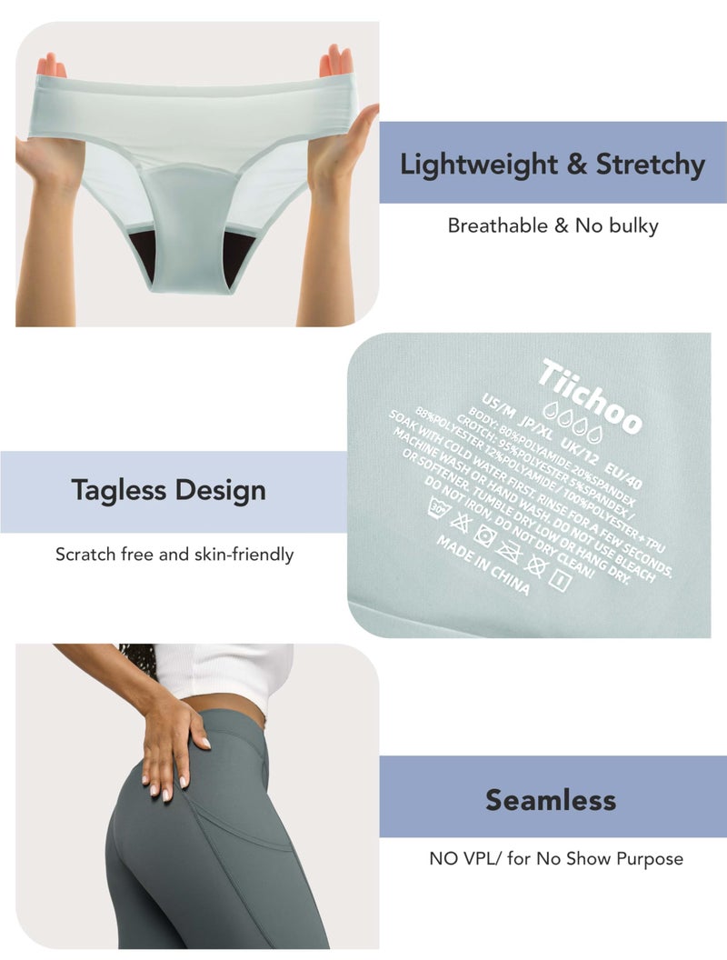 TIICHOO Period Underwear Heavy Flow Seamless Period Bikini Panties for Women 5 Pack (Medium,Black/2 Beige/2 Smoke Green) - Image 5