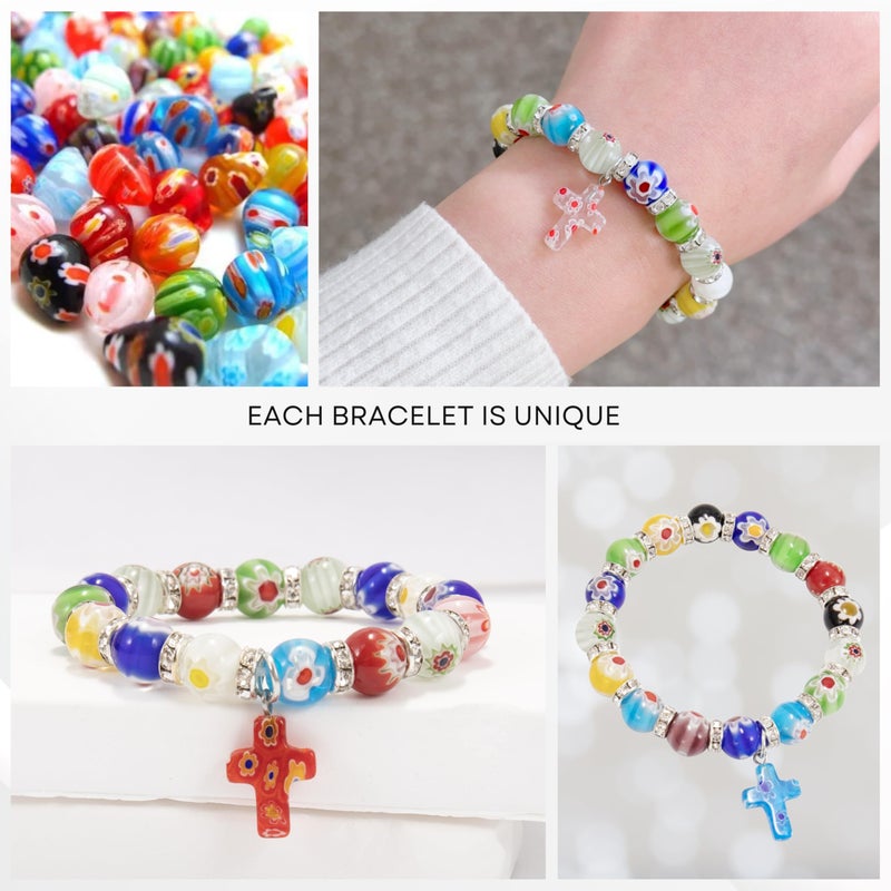 Nazareth Store Nazareth Store Murano Glass Multicolor Millefiori Beads Bracelet with Hanging Cross Spiritual Handmade Religious Gift  - Image 2