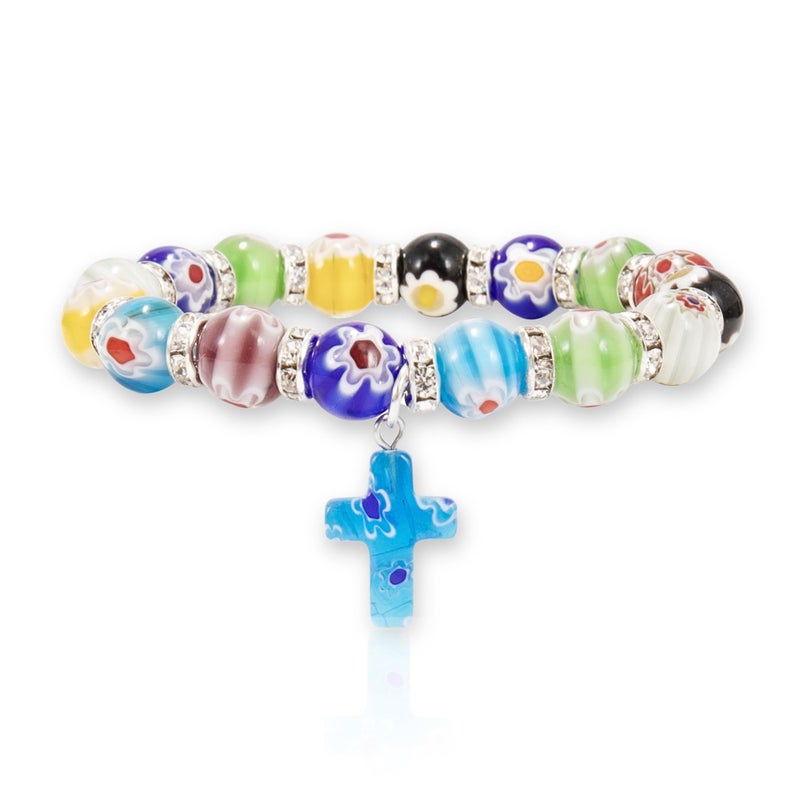 Nazareth Store Nazareth Store Murano Glass Multicolor Millefiori Beads Bracelet with Hanging Cross Spiritual Handmade Religious Gift  - Image 1