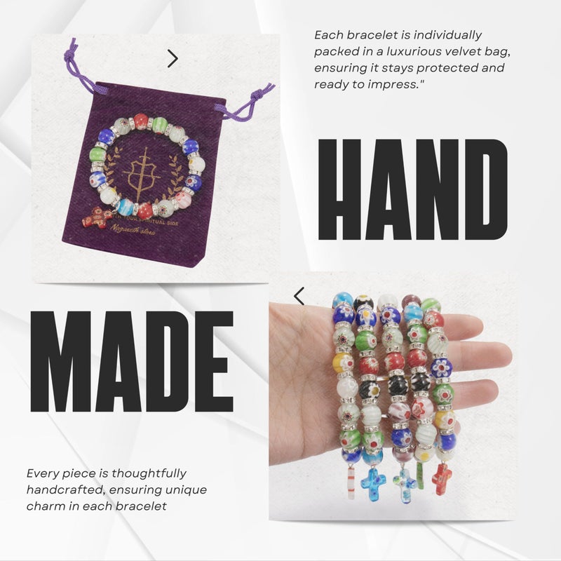 Nazareth Store Nazareth Store Murano Glass Multicolor Millefiori Beads Bracelet with Hanging Cross Spiritual Handmade Religious Gift  - Image 4