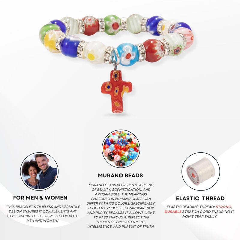 Nazareth Store Nazareth Store Murano Glass Multicolor Millefiori Beads Bracelet with Hanging Cross Spiritual Handmade Religious Gift  - Image 3