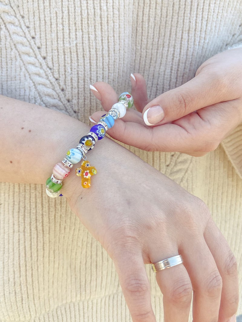 Nazareth Store Nazareth Store Murano Glass Multicolor Millefiori Beads Bracelet with Hanging Cross Spiritual Handmade Religious Gift  - Image 5