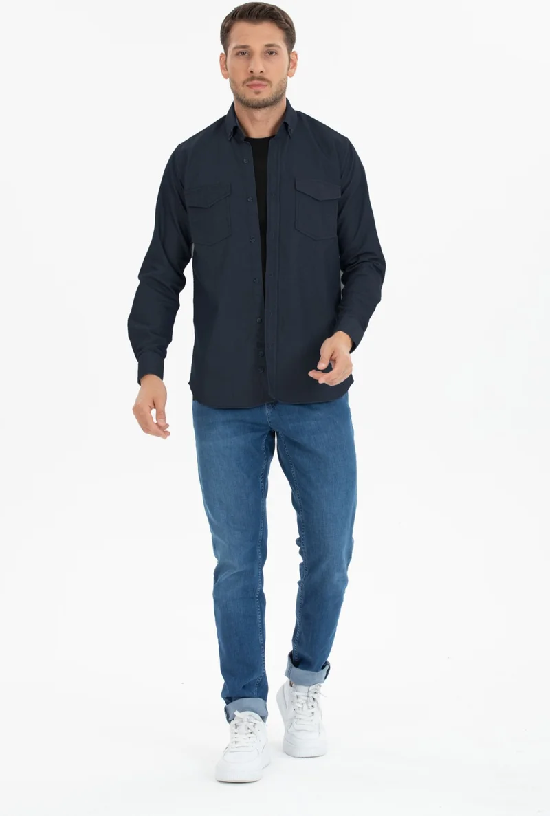 فاريتا Men's Dark Navy Blue Double Pocket Plain Lycra Long Sleeve Denim Shirt