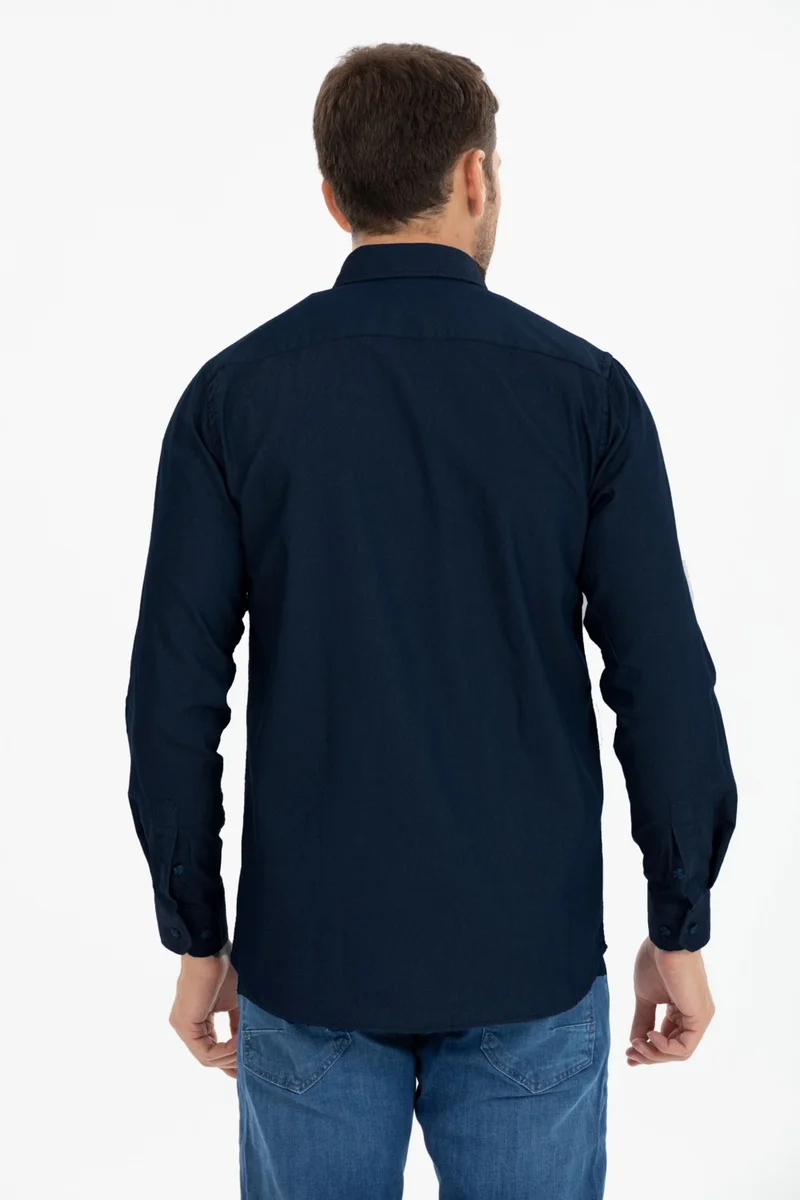 فاريتا Men's Dark Navy Blue Double Pocket Plain Lycra Long Sleeve Denim Shirt