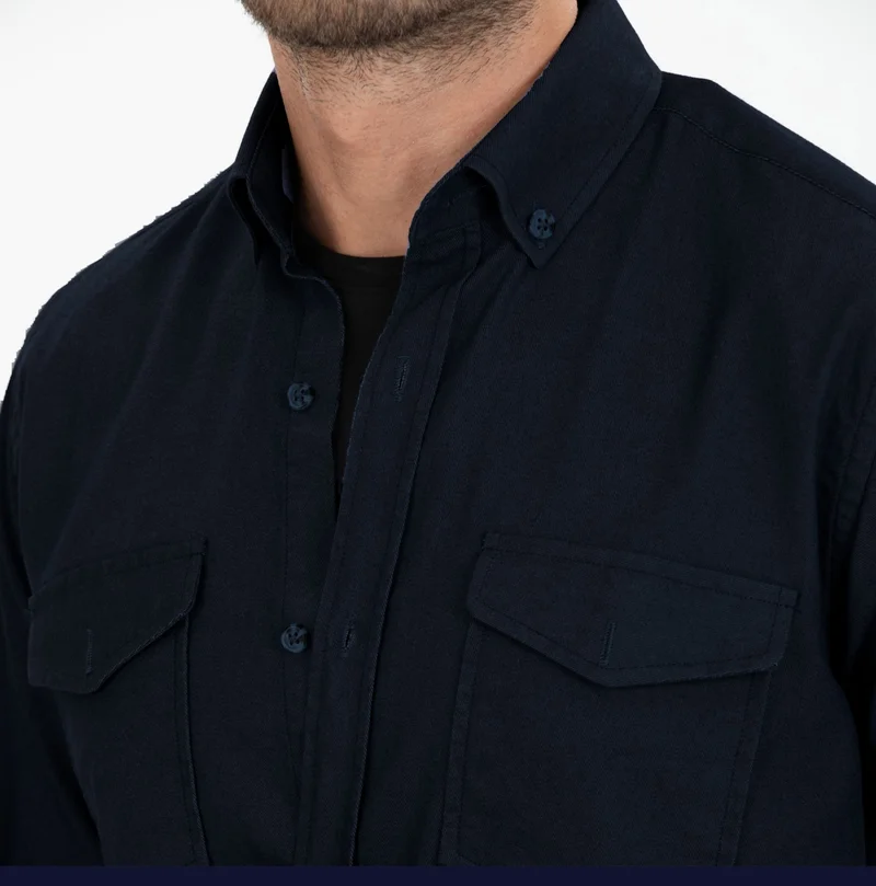 فاريتا Men's Dark Navy Blue Double Pocket Plain Lycra Long Sleeve Denim Shirt