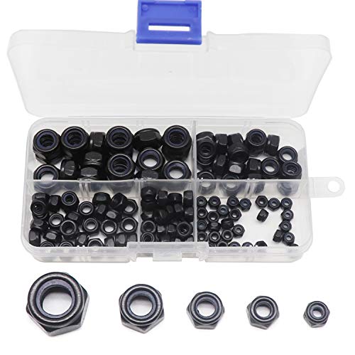 binifiMux 130Pcs Black Nylon Inserted Hex Self Locking Nuts Assortment Kit,M3/ M4/ M5/ M6/ M8 Black Self Clinching Nuts Assortment Kit - Image 1