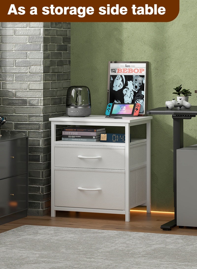 Lafulaifu طاولة سرير عصرية مع رف مفتوح، طاولة جانبية بيضاء، طاولة متينة لغرفة المعيشة، طاولة سرير لغرفة النوم مع درجين من القماش. - Image 5