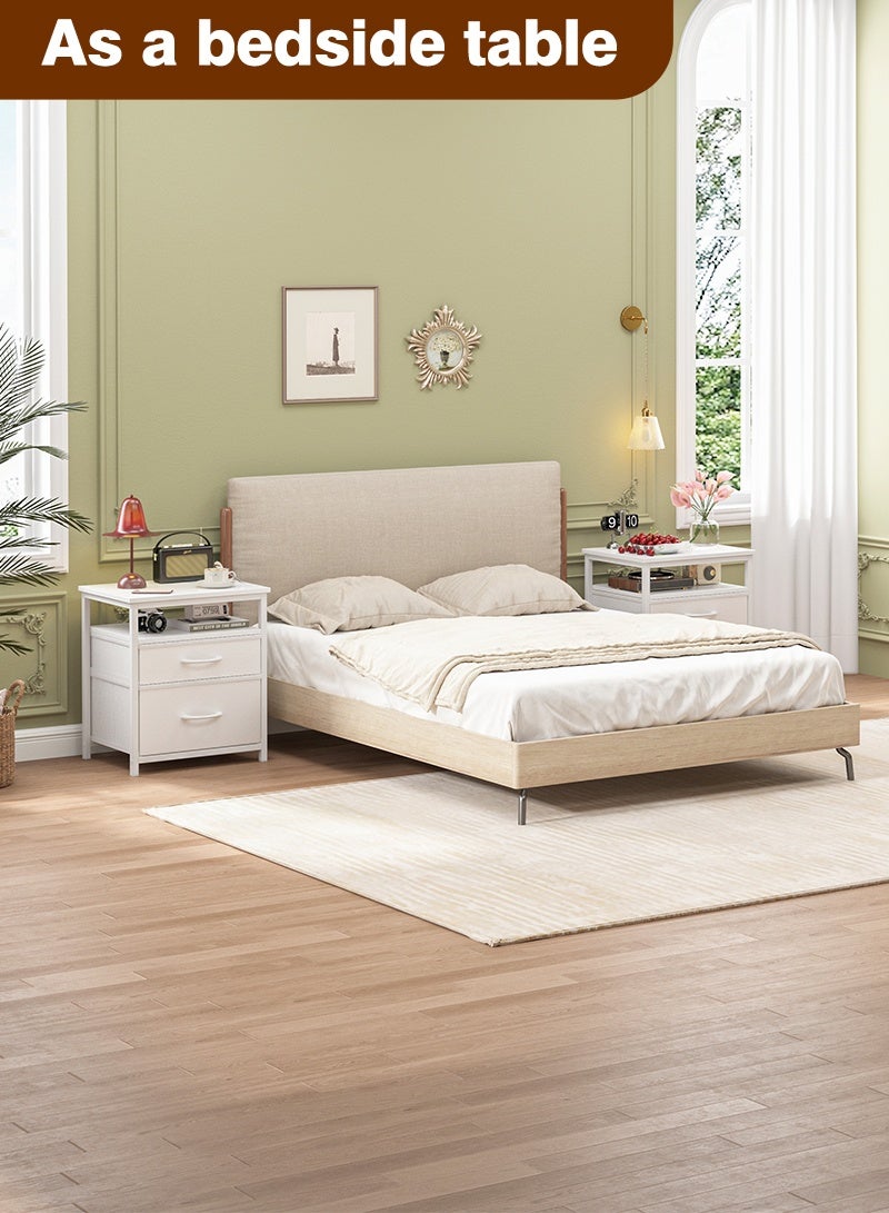 Lafulaifu طاولة سرير عصرية مع رف مفتوح، طاولة جانبية بيضاء، طاولة متينة لغرفة المعيشة، طاولة سرير لغرفة النوم مع درجين من القماش. - Image 4