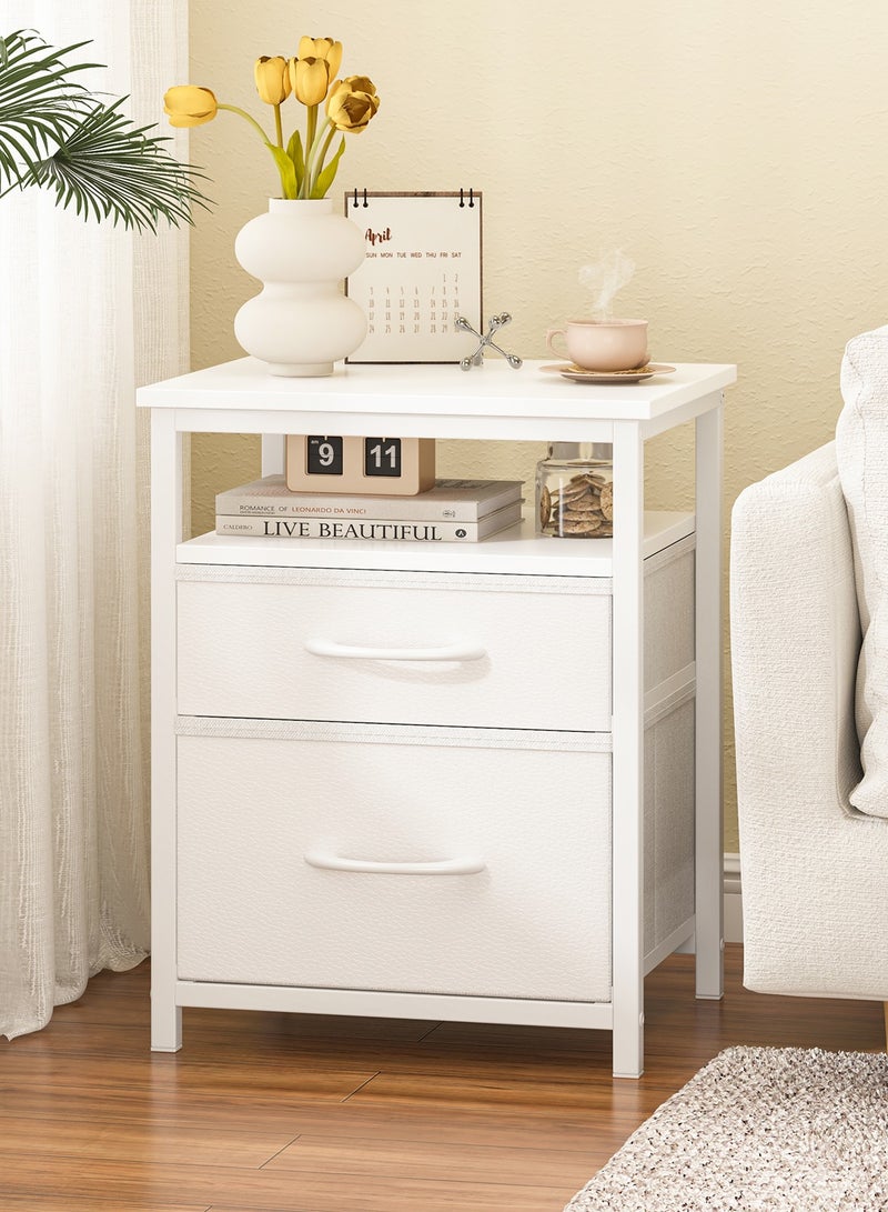 Lafulaifu طاولة سرير عصرية مع رف مفتوح، طاولة جانبية بيضاء، طاولة متينة لغرفة المعيشة، طاولة سرير لغرفة النوم مع درجين من القماش. - Image 1