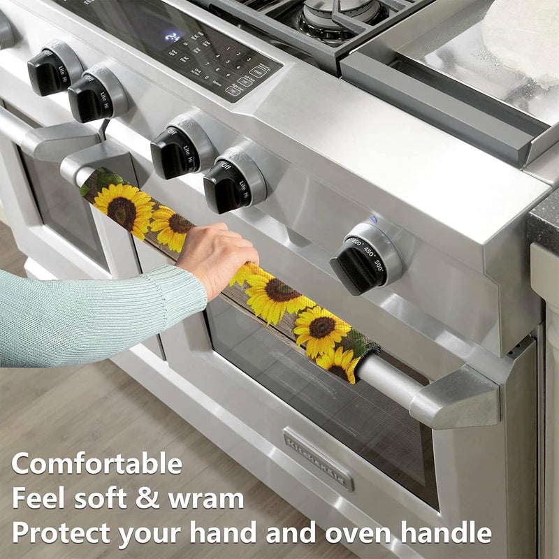Oarencol Sunflower Refrigerator Door Handle Covers Set of 2 Yellow Floral Wooden Kitchen Appliance Decor for Fridge Oven Dishwasher - Image 2
