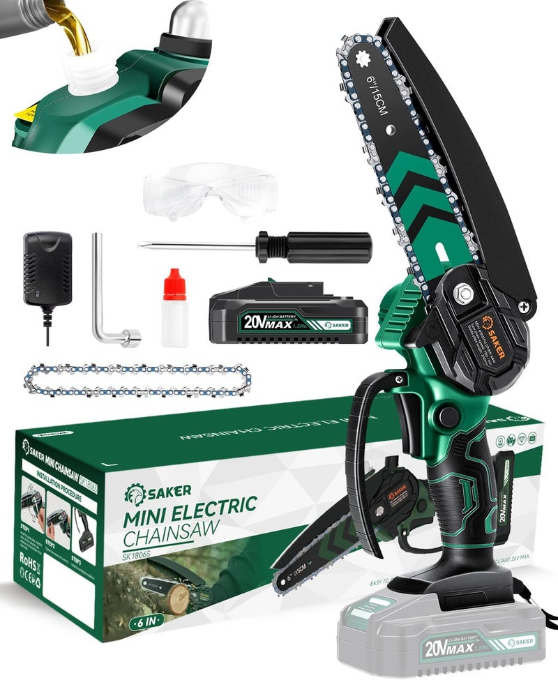 Saker Mini Chainsaw with Auto Oiler|6 Inch Chainsaws[2025 Upgraded]|Mini Cordless Electric Chain Saw|Small Handheld Portable Chainsaw Battery Powered for Tree Trimmer and Garden 1 Battery+2 Chains - Image 1