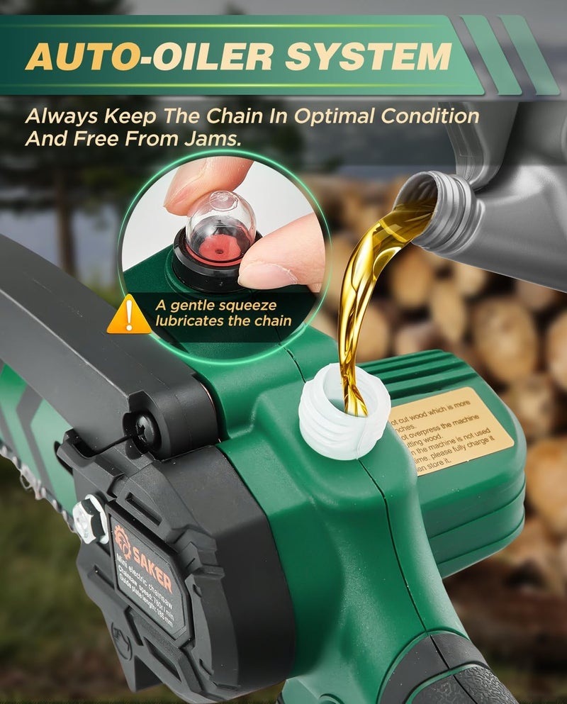 Saker Mini Chainsaw with Auto Oiler|6 Inch Chainsaws[2025 Upgraded]|Mini Cordless Electric Chain Saw|Small Handheld Portable Chainsaw Battery Powered for Tree Trimmer and Garden 1 Battery+2 Chains - Image 2