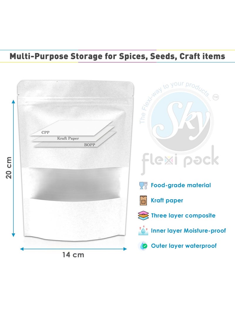 SKY FLEXI PACK SKY FLEXI PACK White Kraft Paper Stand Up Pouch 14 x 20cm Pack of 25 Reusable Zip Lock with Rectangle Transparent Window Waterproof Multipurpose Storage Bags Capacity up to 350gm  - Image 2