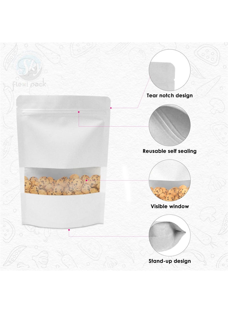 SKY FLEXI PACK SKY FLEXI PACK White Kraft Paper Stand Up Pouch 14 x 20cm Pack of 25 Reusable Zip Lock with Rectangle Transparent Window Waterproof Multipurpose Storage Bags Capacity up to 350gm  - Image 3