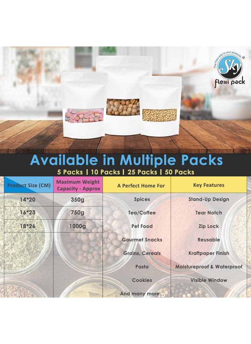 SKY FLEXI PACK SKY FLEXI PACK White Kraft Paper Stand Up Pouch 14 x 20cm Pack of 25 Reusable Zip Lock with Rectangle Transparent Window Waterproof Multipurpose Storage Bags Capacity up to 350gm  - Image 4