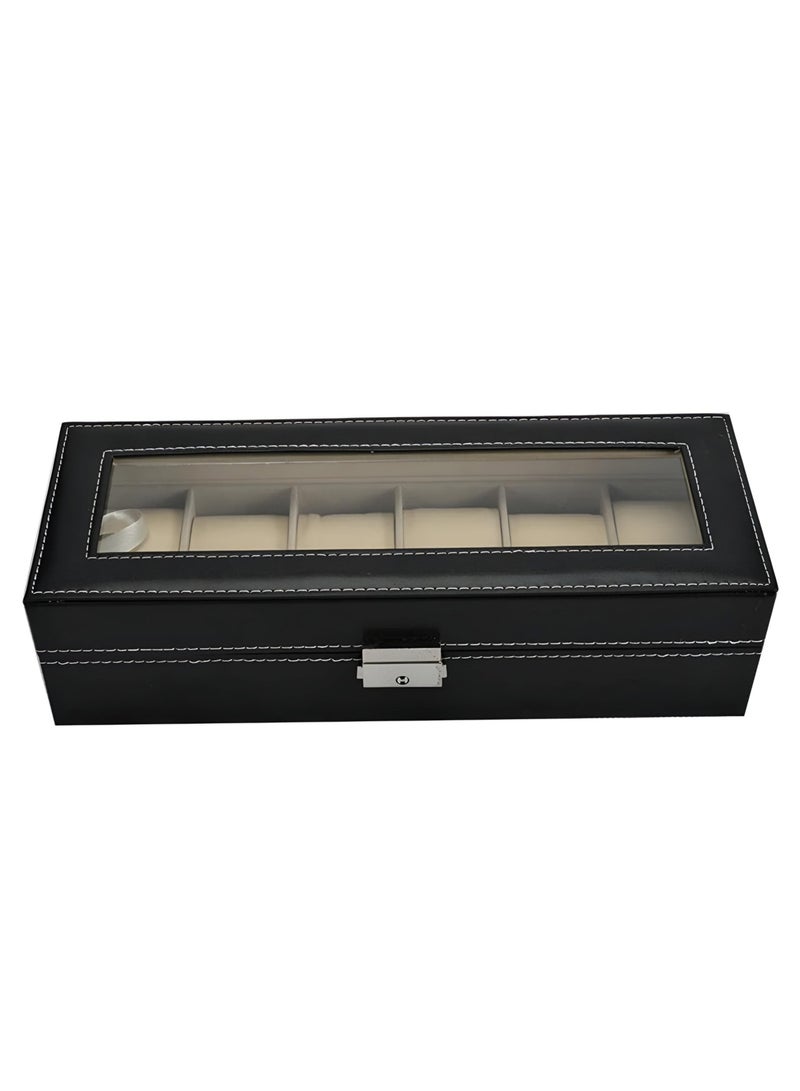 NXUS Six Grid Slots Vintage Style Watch/Jewelry Display Storage Box Case Organizer Showcase, Black with Beige/Cream Interior, Glass Top for Easy Viewing  - Image 1