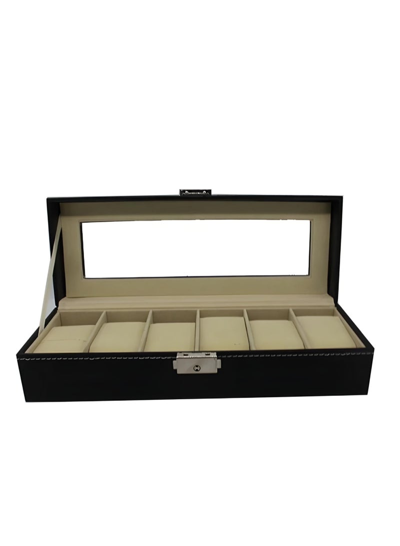 NXUS Six Grid Slots Vintage Style Watch/Jewelry Display Storage Box Case Organizer Showcase, Black with Beige/Cream Interior, Glass Top for Easy Viewing  - Image 2