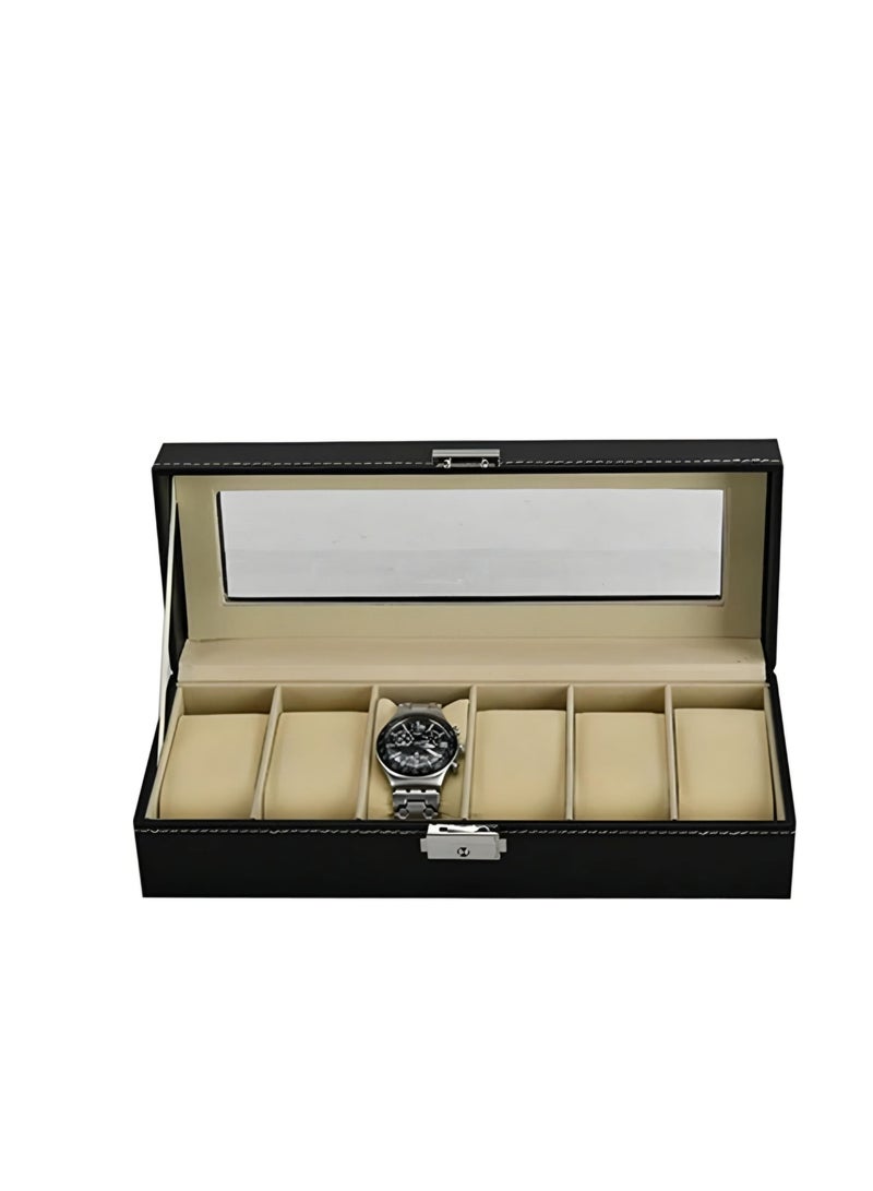 NXUS Six Grid Slots Vintage Style Watch/Jewelry Display Storage Box Case Organizer Showcase, Black with Beige/Cream Interior, Glass Top for Easy Viewing  - Image 4