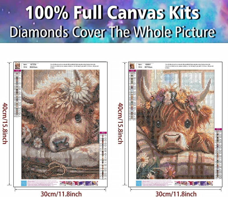 Clendo 2 Pack Cow Diamond Art Kits for Adults - Cute Animals Diamond Painting Kits for Adults Beginner, DIY 5D Full Drill Diamond Dots Gem Art Kits for Home Wall Decor 12x16inch - Image 2