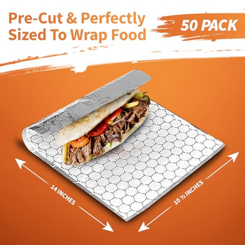 XpressPak Insulation Sandwich Wrapping Paper Aluminum Foil Sheets - [50 Pack] - (14" x 10.3") - Aluminum Foil Sandwich Wrap Sheets For Sandwich Wraps, Burritos and BBQ - Image 2