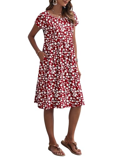 AUSELILY Women's Summer Short Sleeve Knee-Length Dresses Round Neck Loose Dress with Pockets 2026 New, Flower Red XL - Image 2