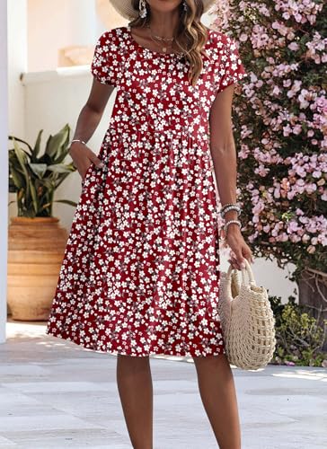 AUSELILY Women's Summer Short Sleeve Knee-Length Dresses Round Neck Loose Dress with Pockets 2026 New, Flower Red XL - Image 3