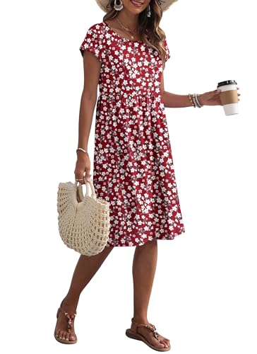 AUSELILY Women's Summer Short Sleeve Knee-Length Dresses Round Neck Loose Dress with Pockets 2026 New, Flower Red XL - Image 5
