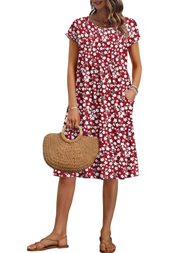 AUSELILY Women's Summer Short Sleeve Knee-Length Dresses Round Neck Loose Dress with Pockets 2026 New, Flower Red XL - Image 1