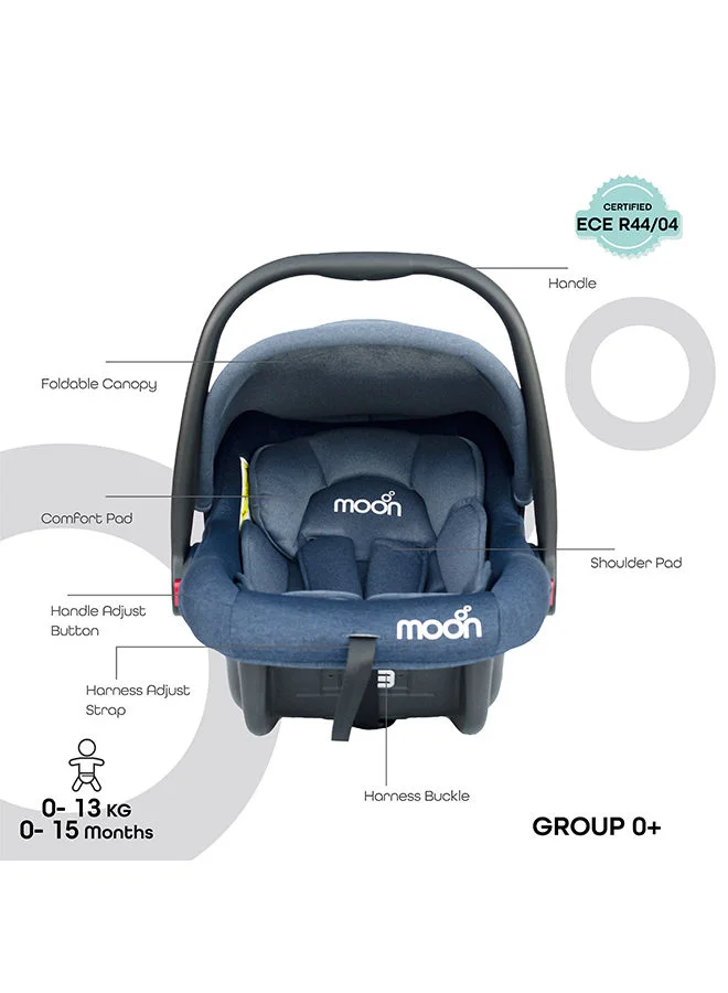 Moon Bibo Baby Carrier Car Seat – Full Body Support Cushion And Multi-Point Adjustable Canopy, Group 0+ (0–15 Months, Up to 13kg), Portable Design – Blue