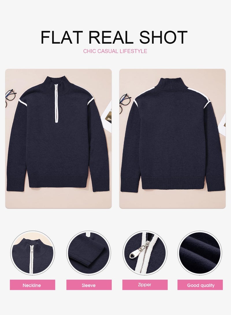 EVALESS Womens Fall Sweaters 2025 Fashion Trendy V Neck Long Sleeve Quarter Zip Collared Ribbed Knit Dressy Casual Lightweight Pullover Tops Outfits,Navy Blue Large - Image 5