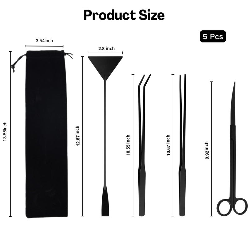 Flavizo 5 Pcs Aquarium Aquascaping Tools Kit with Tweezers, Scissors, Flat Rake, Curved Shears, Algae Scraper, Black Stainless Steel Fish Tank Cleaning Set with Storage Pouch for Aquatic Plant Care - Image 2