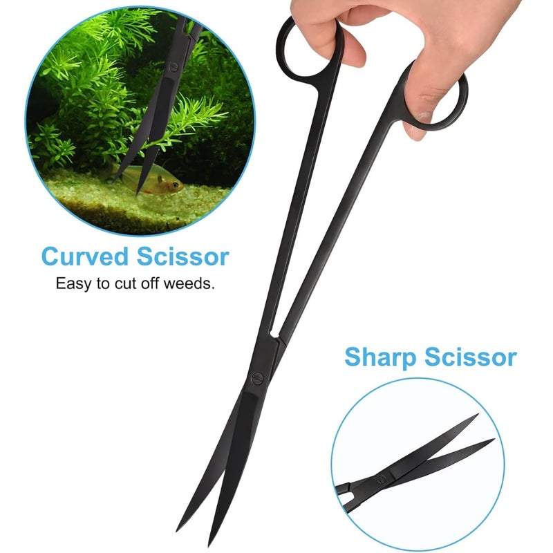 Flavizo 5 Pcs Aquarium Aquascaping Tools Kit with Tweezers, Scissors, Flat Rake, Curved Shears, Algae Scraper, Black Stainless Steel Fish Tank Cleaning Set with Storage Pouch for Aquatic Plant Care - Image 3