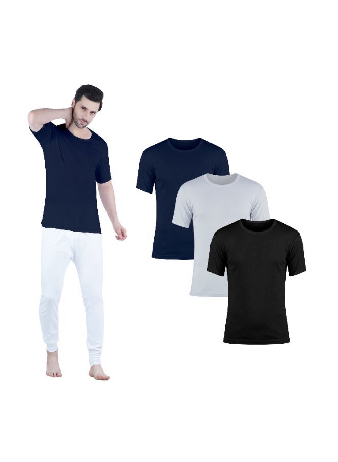 WHITE LEAF Men's O-Neck Undershirt Vest Half Sleeve 3PCS Pack – 100% Combed Cotton Breathable Comfortable Innerwear, BK/GYM/NV (WLONSUG-04-S) - Image 1
