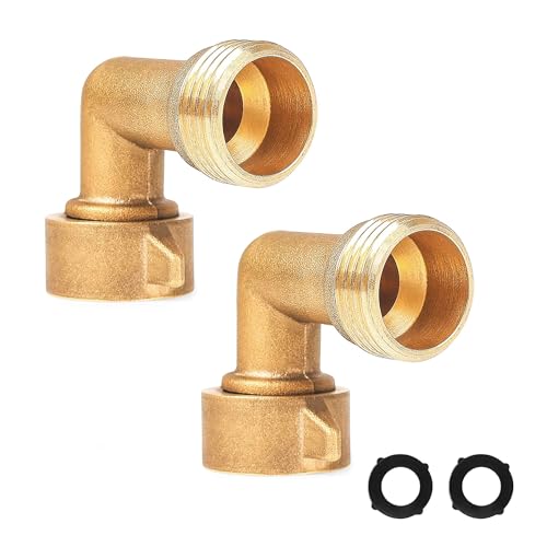 Hourleey 2 Pack 90 Degree Garden Hose Elbow Connectors, 3/4" Brass Hose Elbow with 2 Washers, Hose Adapter for RV Water Hookups Residential Outdoor Faucets - Image 1
