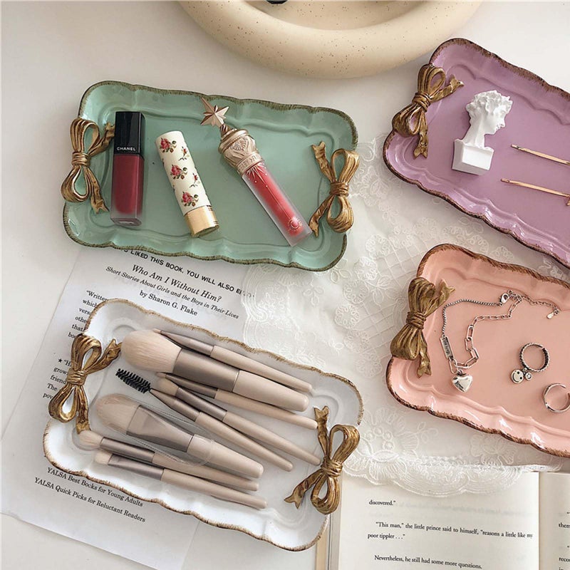 Cayway 2 PCS Vintage Decorative Tray, Vintage Resin Tray, Bow-Knot Resin Dish Plate for Towel Tray, Fruit Trays Rings Bracelets Earrings Holder, White and Blue - Image 5