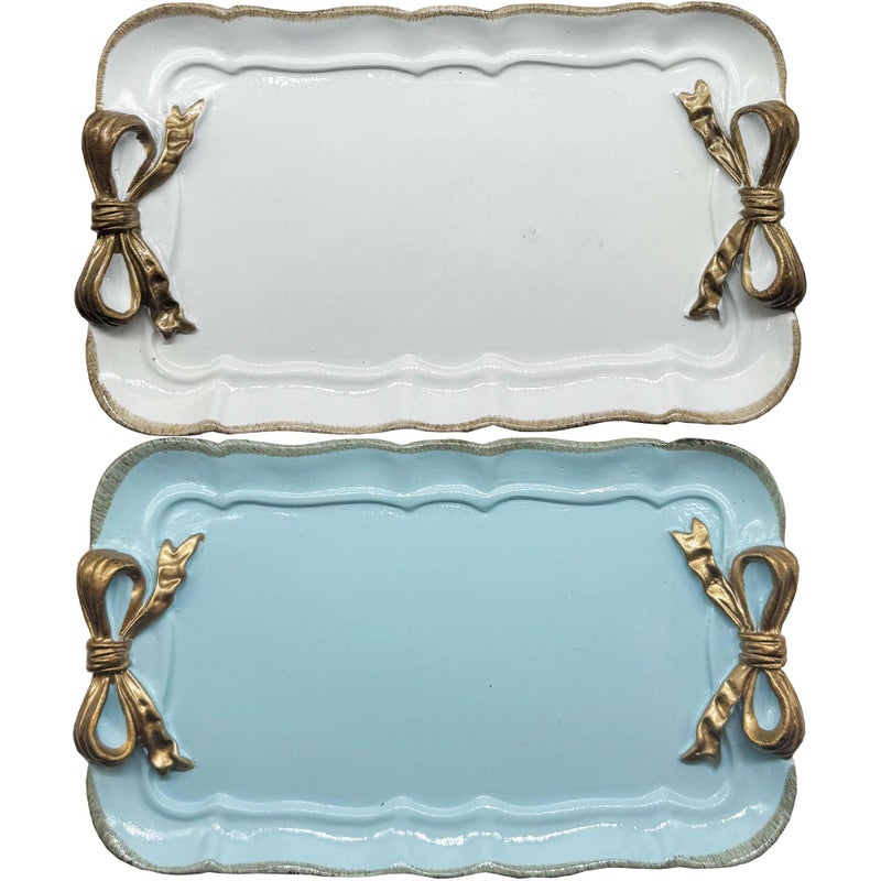 Cayway 2 PCS Vintage Decorative Tray, Vintage Resin Tray, Bow-Knot Resin Dish Plate for Towel Tray, Fruit Trays Rings Bracelets Earrings Holder, White and Blue - Image 1
