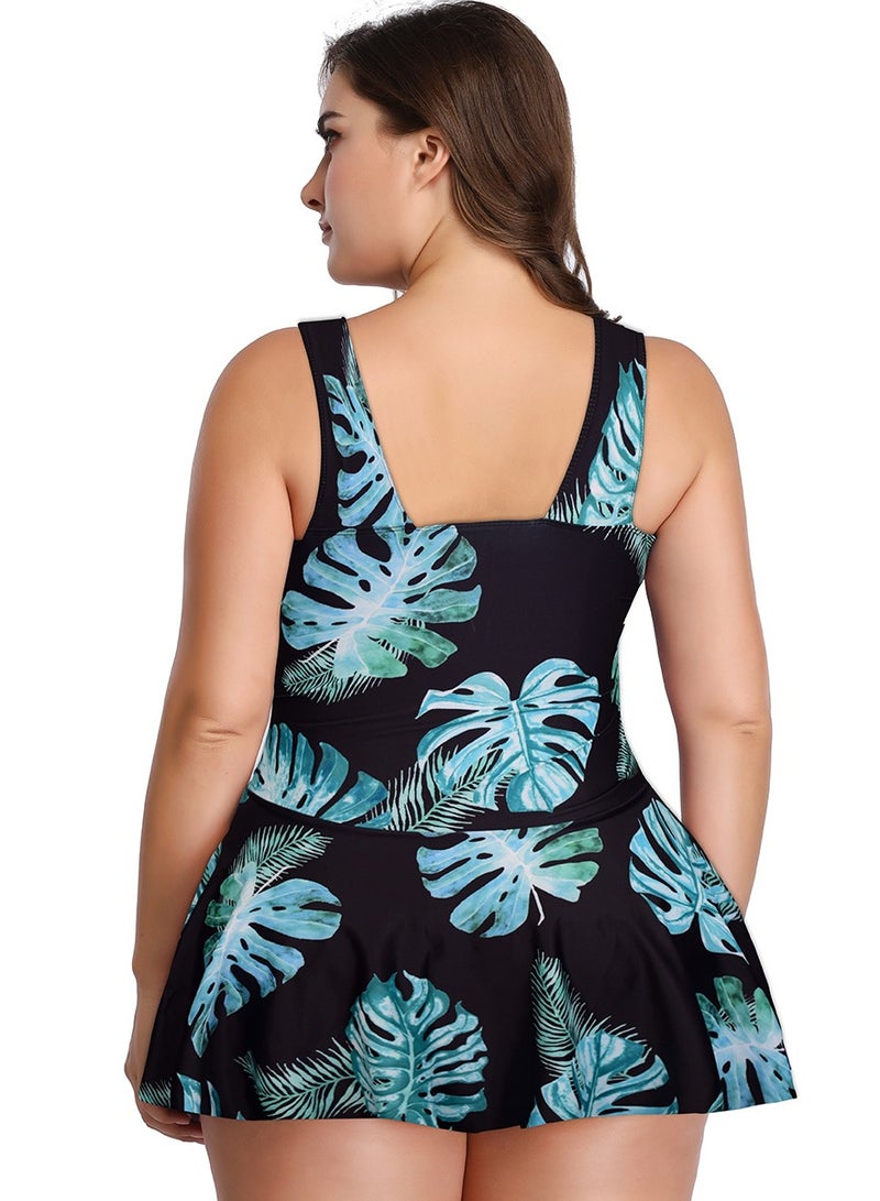 Womens Leaf Printed 2 Peice Set Swimsuits Tummy Control V-Neck Wide Straps Swim Dress And Boxer Brief Swimwear Bathing Suits Black Mix  - Image 3