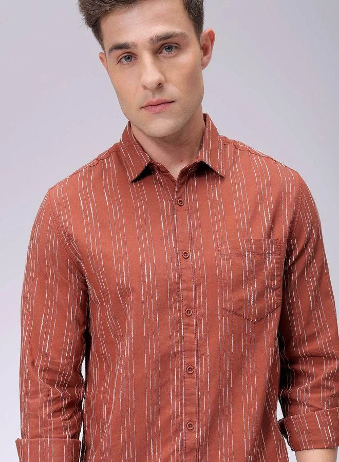 Men Slim Fit Striped Full Sleeves Cutaway Collar Casual Shirt