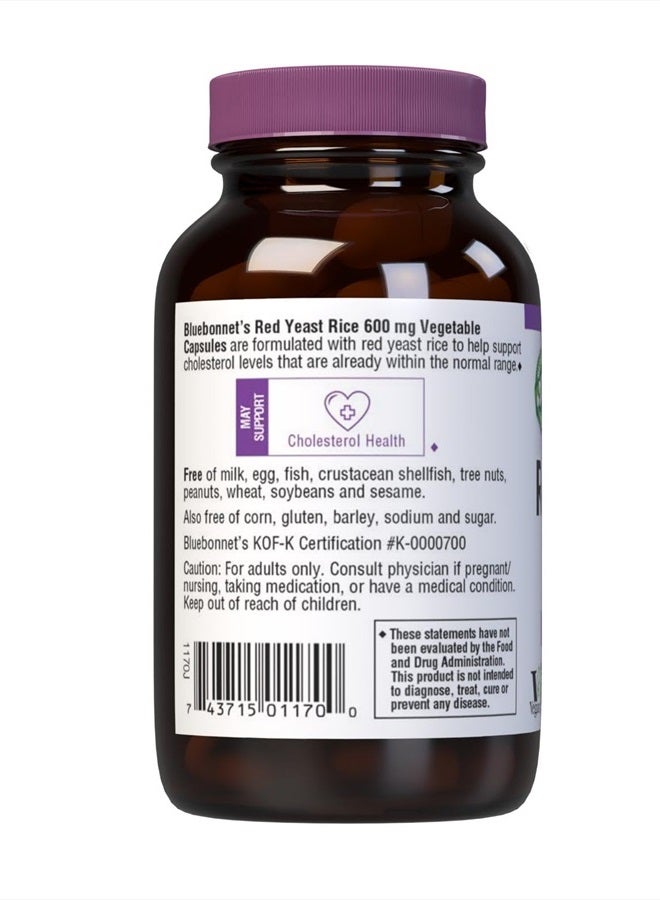 Bluebonnet Nutrition Red Yeast Rice 600 mg, Non-GMO, Vegan, Kosher Certified, Gluten-Free, Soy-Free, Dairy-Free, 60 Vegetable Capsules, 60 Servings - Image 3