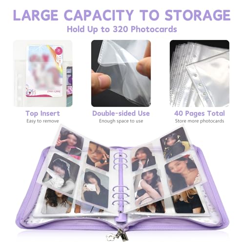 NOCAFI A5 Photocard Binder with 40 Pake 4-Pocket Pages, 6 Ring Photocard Holder Collector Storage Album Collecting Book with 320 Pockets for Organizing Photo,Trading,Game Card Collection (Purple) - Image 3