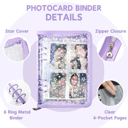 NOCAFI A5 Photocard Binder with 40 Pake 4-Pocket Pages, 6 Ring Photocard Holder Collector Storage Album Collecting Book with 320 Pockets for Organizing Photo,Trading,Game Card Collection (Purple) - Image 2